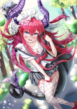 1girl absurdres alternate_costume black_sailor_collar black_skirt blue_eyes blush breasts commentary_request curled_horns dragon_horns dragon_tail elizabeth_bathory_(fate) elizabeth_of_the_end_(fate) fate/grand_order fate_(series) fishnet_pantyhose fishnets hair_ribbon highres horns long_hair looking_at_viewer maid_headdress miniskirt open_mouth outdoors pantyhose red_hair revision ribbon sailor_collar school_uniform serafuku shirt short_sleeves skirt small_breasts solo tail tdysho thighhighs thighs two_side_up white_shirt white_thighhighs