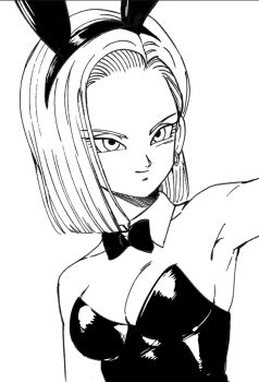 1girl android_18 armpits blonde_hair bow bowtie breasts cleavage dragon_ball earrings ghouse_01 jewelry monochrome playboy_bunny rabbit_ears