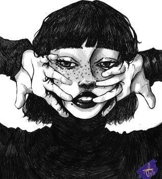 1girl black_hair bob_cut freckles greyscale hands_on_own_face hands_up highres kokovich lips mole monochrome original