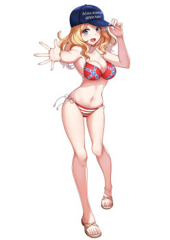 1girl absurdres artist_request baseball_cap bikini blonde_hair blue_eyes breasts cleavage confederate_flag confederate_flag_bikini english_text flag_print flag_print_bikini full_body girls_und_panzer hand_on_headwear hat headwear_request highres kay_(girls_und_panzer) large_breasts looking_at_viewer midriff navel print_bikini sandals side-tie_bikini_bottom smile solo source_request swimsuit white_background