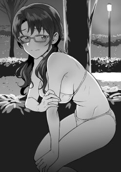Rule 34 | 1girl, bare arms, bikini, blush, breasts, closed mouth, exhibitionism, glasses, greyscale, hand on own arm, hand on own knee, highres, idolmaster, idolmaster million live!, lamppost, long hair, looking back, low twintails, monochrome, navel, night, outdoors, public indecency, solo, standing, swimsuit, takayama sayoko, tsurui, twintails