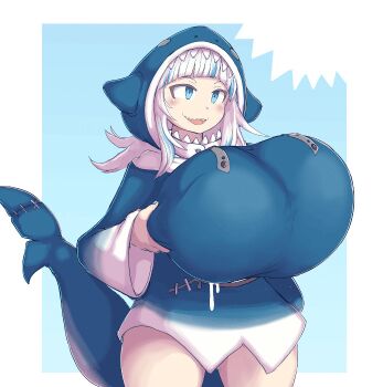1girl alternate_breast_size_(larger) animal_hood animated animated_gif blue_eyes blue_hair blunt_bangs blush bouncing bouncing_breasts breasts breasts_squeezed_together fins fish_tail gawr_gura gigantic_breasts grabbing_own_breast hololive hololive_english hood hoodie kittenboogers long_hair multicolored_hair open_mouth oppai_loli shark_girl shark_tail sharp_teeth smile solo standing tail teeth thighs virtual_youtuber white_hair