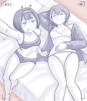 2girls armpits bed blue_eyes bra breasts brown_eyes cigarette clio_aite hairband highres jacket jelly_hoshiumi looking_at_viewer multiple_girls ninjaham panties phase_connect pillow scar small_breasts tagme underwear viewfinder virtual_youtuber yuri