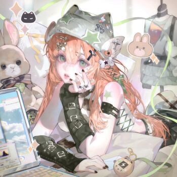 1girl bare_shoulders black_nails breasts computer green_eyes hair_between_eyes hair_ornament hairclip hat jewelry jirai_kei laptop large_variant_set long_hair looking_at_viewer lying nail_polish on_stomach orange_hair original parted_lips ribbon ring solo star_symbol stuffed_animal stuffed_toy tai01 tattoo variant_set x_hair_ornament