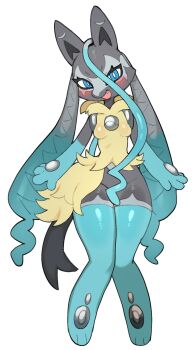 1girl batrobin_k black_fur blue_eyes blue_fur blush breasts commentary_request fang full_body furry furry_female gen_4_pokemon highres knees_together_feet_apart looking_at_viewer lucario mega_lucario_z mega_pokemon multicolored_fur nintendo open_mouth pokemon pokemon_(creature) smile standing tail twintails yellow_fur