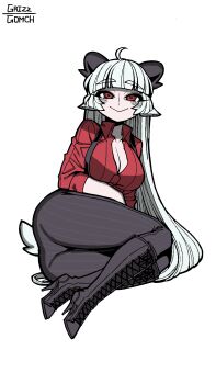 1girl :&gt; animal_ears arm_on_thigh ass baphomet_(grizz) black_horns blunt_bangs blush boots breasts cleavage collared_shirt curled_horns demon_girl demon_horns demon_tail full_body goat_ears goat_girl goat_horns goat_tail grizz helltaker high-waist_pants high_heel_boots high_heels highres horizontal_pupils horns lace-up_boots large_breasts long_hair looking_at_viewer open_clothes open_shirt original pants pink_background pinstripe_pants pinstripe_pattern red_shirt shirt shirt_tucked_in sidelocks sitting sleeves_rolled_up smile solo suspenders symbol-shaped_pupils tail very_long_hair white_background white_hair white_tail