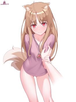 1girl 1other 3: absurdres ahoge animal_ear_fluff animal_ears arm_behind_back artist_name blunt_bangs blush breasts brown_hair closed_mouth commentary cowboy_shot english_commentary eyelashes eyes_visible_through_hair furrowed_brow gluteal_fold grabbing_another's_breast groping guided_breast_grab guiding_hand hair_between_eyes heart heart_in_eye highres holding_another's_wrist holo jewelry long_hair long_sleeves looking_at_viewer necklace pov pov_hands purple_shirt red_eyes shiny_skin shirt simple_background small_breasts solo_focus spice_and_wolf split_mouth straight_hair symbol_in_eye tail thick_eyebrows thighs upturned_eyes very_long_hair white_background wolf_ears wolf_girl wolf_tail zambonito