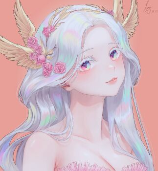 Rule 34 | 1girl, armpit crease, breasts, cleavage, colored eyelashes, commentary request, commission, dated, eyelashes, flower, forehead, hair flower, hair ornament, highres, korean commentary, nyang (nya aaang), orange background, original, parted lips, pink flower, pink lips, pink rose, rose, signature, simple background, solo, upper body, wavy hair, white hair