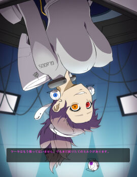 1girl bodysuit breasts covered_erect_nipples crazy_eyes earrings female_focus glados hanging_breasts heterochromia jewelry large_breasts personification ponytail portal_(series) portal_1 purple_hair saran_wrap_(sf_seijin) solo translated upside-down valve