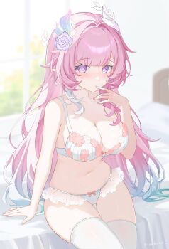 1girl absurdres bed bow bow_bra bow_panties bra breasts commentary_request cyrene_(honkai:_star_rail) cyrene_(ripples_of_past_reverie)_(honkai:_star_rail) diamond-shaped_pupils diamond_(shape) earrings flower hair_flower hair_ornament highres honkai:_star_rail honkai_(series) jewelry large_breasts long_hair navel on_bed pachi_hsieh panties pink_hair pointy_ears purple_eyes sitting solo stomach symbol-shaped_pupils thighhighs thighs underwear very_long_hair white_bra white_panties white_thighhighs