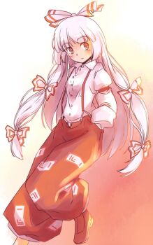 1girl bow buttons collared_shirt commentary_request foot_out_of_frame fujiwara_no_mokou gradient_background grey_hair hair_bow hands_in_pockets long_hair long_sleeves ofuda ofuda_on_clothes one-hour_drawing_challenge orange_background pants rangycrow red_eyes red_pants red_shoes shirt shoes sideways_glance solo touhou white_bow white_shirt