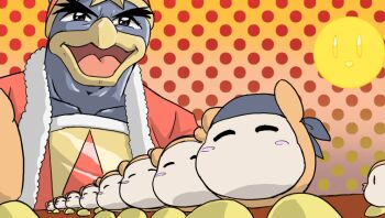 1boy bandana bandana_waddle_dee beak blue_bandana blush_stickers carnival_phantasm kamemaru91 king_dedede kirby kirby_(series) nintendo open_mouth parody polka_dot polka_dot_background super_affection upper_body waddle_dee