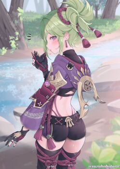 1girl armor ass back black_shirt black_shorts black_thighhighs blush breasts commentary_request crop_top cropped_jacket genshin_impact gloves green_hair hair_between_eyes hair_ornament high_ponytail highres jacket japanese_armor kuki_shinobu long_hair long_sleeves looking_at_viewer looking_back mask medium_breasts midriff mouth_mask navel ninja_mask open_clothes open_jacket partially_fingerless_gloves ponytail purple_eyes purple_jacket river rope shirt short_shorts shorts sidelocks solo suzuho_hotaru thighhighs thighs