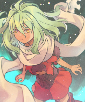 1girl closed_mouth commentary_request dark-skinned_female dark_skin emerada_(xenogears) expressionless green_hair hair_between_eyes kurarin long_hair looking_at_viewer monolith_soft navel scarf solo white_scarf xeno_(series) xenogears yellow_eyes