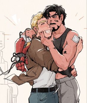 Rule 34 | 2boys, arc reactor, armor, avengers (series), bandaged arm, bandages, bandaid, bandaid on hand, bare shoulders, belt, black belt, black hair, black tank top, blonde hair, blue pants, brown jacket, cable, closed eyes, closed mouth, collarbone, denim, dirty, dirty face, facial hair, fingernails, floating clothes, gauntlets, grey eyes, grey pants, hair between eyes, half-closed eyes, hand on another's face, hand up, happy, hug, jacket, looking at another, male focus, marvel, multiple boys, muscular, muscular male, open clothes, open jacket, pants, pocket, red armor, shirt, short hair, simple background, single gauntlet, smile, steve rogers, tank top, teeth, tony stark, weibo 7899261198, white background, white shirt, yaoi
