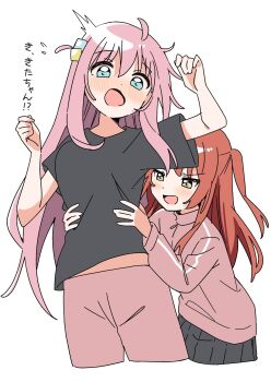 2girls :d :o ^^^ ahoge bare_arms black_shirt black_skirt blue_eyes blush bocchi_the_rock! cowboy_shot cropped_legs cube_hair_ornament dot_nose flying_sweatdrops gotoh_hitori hair_between_eyes hair_ornament haru_(konomi_150) highres jacket kita_ikuyo long_hair long_sleeves multiple_girls one_side_up open_mouth pants pink_hair pink_jacket pink_pants pleated_skirt red_hair shirt short_sleeves simple_background skirt smile t-shirt torso_grab track_jacket translated very_long_hair wavy_mouth white_background yellow_eyes yuri