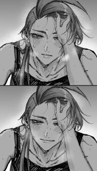 2girls androgynous blush collarbone earrings female_pov fingernails fujikonbu grey_background greyscale hand_on_another's_head highres jewelry long_fingernails long_hair looking_at_viewer monochrome multiple_girls nintendo out_of_frame parted_lips pokemon pokemon_sv portrait pov pov_hands reverse_trap rika_(pokemon) sequential simple_background smile solo_focus sweat tank_top triangle_earrings yuri