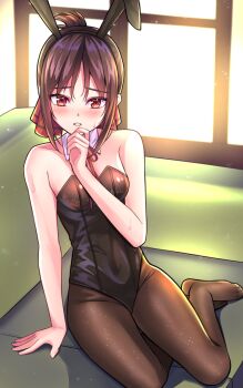 1girl animal_ears bare_arms black_hairband black_leotard black_pantyhose blush breasts brown_hair commentary_request covered_navel detached_collar embarrassed fake_animal_ears hairband highres kaguya-sama_wa_kokurasetai_~tensai-tachi_no_renai_zunousen~ leotard looking_at_viewer neck_ribbon okawaii_koto pantyhose playboy_bunny rabbit_ears red_eyes red_ribbon ribbon shinomiya_kaguya shirase_rin short_hair sitting small_breasts solo strapless strapless_leotard sweatdrop