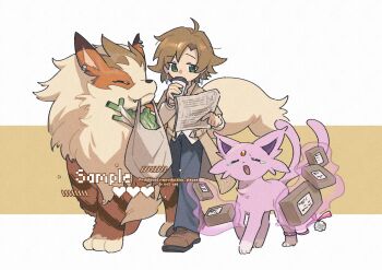 Rule 34 | 1boy, animal hands, arcanine, bag, blue pants, brown hair, brown jacket, brown shoes, closed eyes, dog, earrings, espeon, forked tail, full body, gen 1 pokemon, gen 2 pokemon, green eyes, highres, holding, holding bag, holding paper, jacket, jewelry, looking at another, looking at object, nintendo, orange fur, pants, paper, pokemon, pokemon (creature), purple fur, robinlovesop, shirt, shoes, simple background, standing, tail, telekinesis, white background, white shirt, yellow fur