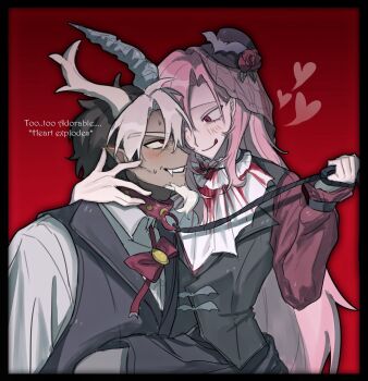 1boy 1girl :q antlers arm_around_neck ascot asymmetrical_horns bat_hat_ornament beard black_ascot black_border black_hair black_hat black_skirt black_vest blood blood_on_clothes blush border bow bowtie collar collared_shirt commentary curtained_hair discord_(my_little_pony) ear_blush english_commentary english_text erkengek eye_contact facial_hair fang femdom flower flutterbat fluttershy frilled_sleeves frills goatee hand_on_another&#039;s_cheek hand_on_another&#039;s_face hat hat_flower hat_ornament heart hetero highres horns leash long_beard long_hair long_sleeves looking_at_another mini_hat mini_top_hat mismatched_horns multicolored_hair my_little_pony my_little_pony:_friendship_is_magic personification pink_hair pointy_ears red_background red_bow red_bowtie red_collar red_eyes red_flower red_rose red_shirt rose shirt simple_background skirt smile sweat tongue tongue_out top_hat traditional_bowtie two-tone_hair undone_bowtie vest white_hair white_shirt wing_collar