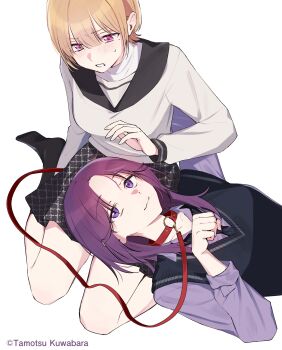 2girls absurdres animal_collar annoyed artist_name black_collar black_necktie black_skirt black_trim black_vest blonde_hair clenched_hand clenched_teeth closed_mouth collar copyright_notice dame_inu_kanojo double-parted_bangs grid_print hashtag-only_commentary highres holding holding_leash kuwabara_(medetaya) lap_pillow leash light_blush light_smile long_sleeves medium_hair multiple_girls necktie official_art parted_bangs paw_pose pet_play pink_eyes puffy_long_sleeves puffy_sleeves purple_eyes purple_hair purple_shirt purple_trim red_collar sailor_collar shirt shirt_under_sweater short_hair simple_background sitting skirt smug sweatdrop sweater teeth upper_body v-shaped_eyebrows vest wariza white_background white_shirt white_sweater yuri