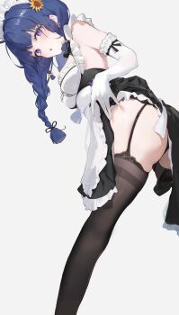 1girl absurdres apron ass black_dress black_panties black_shoes black_thighhighs blue_hair blush braid braided_sidelocks breasts clothes_lift commentary dress dress_lift elbow_gloves flower frilled_dress frills from_behind garter_straps gloves hair_flower hair_ornament hand_on_own_thigh head_tilt highres i!roha lace lace-trimmed_panties lace-trimmed_thighhighs lace_trim long_hair looking_at_viewer looking_back maid maid_apron maid_headdress medium_breasts nanoha_(stella_sora) nanoha_(when_distant_winds_rise)_(stella_sora) official_alternate_costume open_mouth panties purple_eyes shoes simple_background solo standing standing_on_one_leg stella_sora sunflower sunflower_hair_ornament thighhighs thighs turning_head underwear white_apron white_background white_dress white_gloves white_headdress