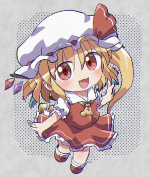 Rule 34 | 1girl, :3, :d, blonde hair, blush, chibi, chibi only, chromatic aberration, collared shirt, commentary request, crystal wings, flandre scarlet, frilled skirt, frills, full body, hair between eyes, hat, hat ribbon, highres, long hair, looking at viewer, mob cap, multicolored wings, open mouth, red eyes, red ribbon, red shoes, red skirt, red vest, ribbon, rokugou daisuke, shirt, shoes, short sleeves, side ponytail, signature, skirt, skirt set, smile, socks, solo, standing, touhou, vest, white hat, white shirt, white socks, wings