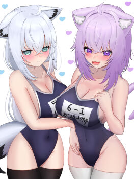 2girls ahoge alternate_breast_size_(larger) alternate_costume animal_ear_fluff animal_ears black_thighhighs blush breasts cat_ears cat_girl cat_tail cleavage closed_mouth collarbone covered_navel fox_ears fox_girl fox_tail gaze_unibouzu gree hair_between_eyes highres hololive hololive_gamers large_breasts multiple_girls nekomata_okayu open_mouth purple_eyes purple_hair school_swimsuit shirakami_fubuki smile swimsuit tail thighhighs virtual_youtuber white_hair white_thighhighs