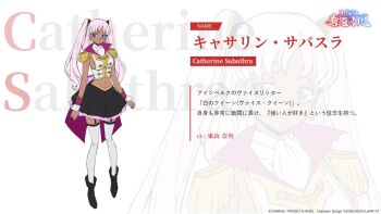 1girl blue_eyes breasts catherine_sabathra character_name character_profile code_geass code_geass:_dakkan_no_roze earrings full_body hoop_earrings jewelry large_breasts long_hair midriff navel official_art pink_hair sideboob skirt thighhighs translation_request twintails zoom_layer