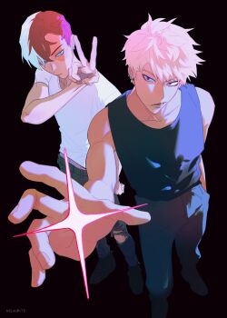 2boys absurdres bakugou_katsuki bare_shoulders black_background black_eyes black_pantyhose black_tank_top blonde_hair blue_eyes boku_no_hero_academia closed_mouth collarbone earrings hair_between_eyes hand_in_pocket highres jewelry male_focus melonbite multicolored_hair multiple_boys outstretched_hand pants pantyhose parted_lips red_eyes red_hair scar scar_across_eye scar_on_face shirt short_sleeves sparkle t-shirt tank_top todoroki_shoto torn_clothes torn_pants twitter_username two-tone_hair v white_hair white_shirt
