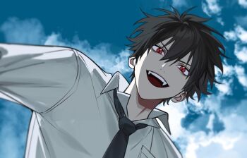 1boy black_hair black_necktie blue_sky cloud cloudy_sky collared_shirt commentary_request fangs hair_between_eyes kaohom503_2 looking_at_viewer male_focus mogari_shishikuno necktie open_mouth phantom_busters red_eyes shirt short_hair sky slit_pupils solo teeth thai_commentary white_shirt