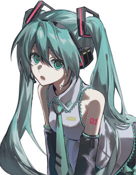 1girl absurdres aqua_eyes aqua_hair aqua_necktie bare_shoulders commentary detached_sleeves hair_ornament hatsune_miku headphones highres long_hair looking_at_viewer necktie open_mouth rishaku_(user_cuwx8758) simple_background sleeveless solo twintails very_long_hair vocaloid white_background
