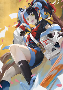 1girl bag black_hair black_sailor_collar black_shirt black_skirt blazpu blue_hair breasts choker eyewear_hang fate/grand_order fate_(series) highres jacket long_hair long_sleeves looking_at_viewer medium_breasts multicolored_hair obi off_shoulder oil-paper_umbrella open_clothes open_jacket open_mouth petals red_hair sailor_collar sash sei_shounagon_(fate) sei_shounagon_(first_ascension)_(fate) shirt short_sleeves shoulder_bag skirt smile solo thighs twintails umbrella unworn_eyewear white_jacket yellow_eyes
