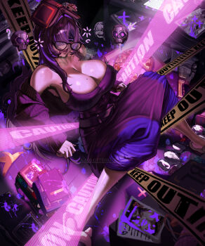 1girl bags_under_eyes black-framed_eyewear black_cardigan black_dress black_hair blush book book_on_head breasts cardigan cardigan_partially_removed cleavage colored_inner_hair commentary_request doro_(nikke) dress drooling female_pervert floating_skull food glasses goddess_of_victory:_nikke hair_over_one_eye highres huge_breasts kaosottehkob label_(nikke) long_hair looking_at_viewer mole mole_on_breast mouth_drool multicolored_hair mushroom nervous_smile object_on_head pervert pizza pornography purple_eyes purple_hair purple_streaks sitting slippers smile sweat taut_clothes taut_dress very_long_hair