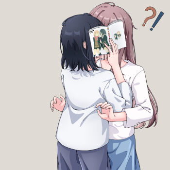 Rule 34 | !?, 2girls, adachi sakura, adachi to shimamura, black hair, black pants, blue skirt, book, brown hair, chinese commentary, commentary request, grey background, highres, holding, holding book, kiss, long hair, medium hair, miyagi shiori, multiple girls, pants, sendai hazuki, shimamura hougetsu, shirt, shuuniichido classmate wo kau hanashi, simple background, skirt, surprise kiss, surprised, teng xia53256, white shirt, yuri, yuri (object)