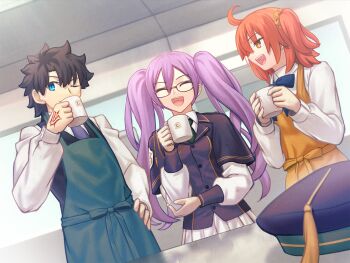 Rule 34 | 1boy, 2girls, apron, black hair, black vest, blue bow, blue eyes, bow, capelet, chaldea logo, chest bow, command spell, commentary request, covering own mouth, cup, fate/grand order, fate (series), fujimaru ritsuka (female), fujimaru ritsuka (female) (anniversary blonde), fujimaru ritsuka (male), fujimaru ritsuka (male) (anniversary blonde), green apron, green necktie, hair ornament, hair scrunchie, long sleeves, multiple girls, necktie, one eye closed, open mouth, profile, purple capelet, purple necktie, scrunchie, shirt, shoori (migiha), short side ponytail, sion eltnam (type-moon), sion eltnam sokaris, skirt, sleeve cuffs, smile, teeth, twintails, upper teeth only, vest, white shirt, white skirt