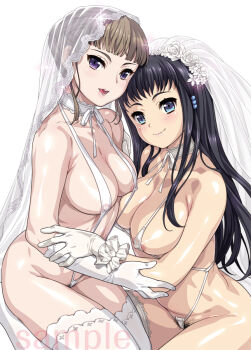 10s 2girls areola_slip bikini black_hair blue_eyes blush breasts bridal_veil bride brown_hair choker clockup covered_erect_nipples elbow_gloves eroge! eroge!_h_mo_game_mo_kaihatsu_zanmai euphoria_(clockup) female_pubic_hair gloves hamashima_shigeo himeno_kisara large_breasts long_hair looking_at_viewer manaka_nemu micro_bikini multiple_girls nipples one-piece_swimsuit open_mouth pubic_hair pubic_hair_peek purple_eyes sample_watermark see-through_clothes short_hair simple_background slingshot_swimsuit smile swimsuit thighhighs veil watermark white_background white_bikini white_gloves white_legwear white_one-piece_swimsuit white_slingshot_swimsuit white_theme yuri
