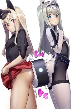 2girls alice_gear_aegis ass ass_press blonde_hair blue_eyes bodysuit butt_crush closed_mouth darius_(series) darius_burst floating floating_object highres ia_rehtona multiple_girls open_mouth red_eyes red_skirt sasayuki silver_hair skirt ti2 white_background