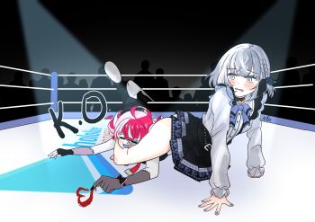 Rule 34 | 2girls, absurdres, alienitynera, audience, blood, blood writing, blue bow, blue eyes, bow, colored skin, gloves, grey hair, head between thighs, highres, hololive, hololive indonesia, kureiji ollie, long hair, looking at viewer, multicolored hair, multiple girls, nosebleed, official alternate costume, patchwork skin, red hair, scissorhold, shirt, short hair, skirt, stitches, submission hold, vestia zeta, vestia zeta (jirai kei), virtual youtuber, wrestling, wrestling ring, zombie