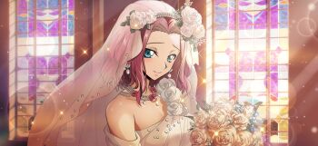 1girl artist_request blue_eyes blurry blush bokeh bouquet breasts bridal_veil bride closed_mouth code_geass code_geass:_lost_stories collarbone day depth_of_field dress earrings female_focus flower forehead game_cg hair_flower hair_intakes hair_ornament happy highres holding holding_bouquet jewelry kouzuki_kallen light_blush light_particles light_rays looking_at_viewer medium_breasts necklace non-web_source off-shoulder_dress off_shoulder official_art orange_flower orange_rose pearl_necklace raised_eyebrows red_flower red_hair red_rose rose see-through_clothes short_hair shy sidelocks single_bare_shoulder smile solo sparkle stained_glass standing upper_body veil wedding_dress white_dress white_flower white_rose window