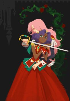 2girls bindi castle crown dark_skin dark-skinned_female dress epaulettes closed_eyes flower glasses green_eyes himemiya_anthy holding holding_sword holding_weapon long_hair multiple_girls pink_hair purple_hair red_dress rose shoujo_kakumei_utena sword tenjou_utena tiara unoobang weapon