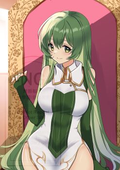 Rule 34 | 1girl, absurdres, armor, azusa (azchemist63), breasts, commentary request, commission, elbow gloves, erinys (fire emblem), fingerless gloves, fire emblem, fire emblem: genealogy of the holy war, gloves, green eyes, green gloves, green hair, highres, indoors, large breasts, long hair, looking at viewer, nintendo, sitting on throne, skima commission, smile, solo, thick thighs, thighs, very long hair, white armor, wide hips