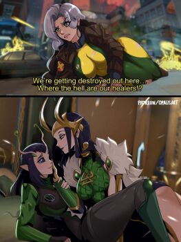 3girls alien animification belt blush bodysuit breasts colored_bangs green_bodysuit guardians_of_the_galaxy headband highres horns jacket lady_loki leather leather_jacket loki_(marvel) long_hair loose_belt mantis_(marvel) marvel marvel_rivals multicolored_bodysuit multicolored_hair multiple_girls opalis rogue_(x-men) superhero_costume two-tone_bodysuit two-tone_hair x-men yellow_bodysuit yuri