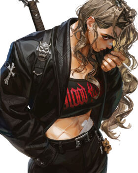 1girl bandaid bandaid_on_face bandaid_on_nose belt belt_buckle black_jacket black_pants black_shirt buckle carabiner charm_(object) cigarette clothes_writing commentary cowboy_shot crop_top cross cross_scar curly_hair earrings eyepatch eyeshadow gauze_on_stomach grey_hair guweiz highres holding holding_cigarette jacket jewelry key long_hair looking_at_viewer makeup mask muscular muscular_female oni_mask original pants red_eyes sanpaku scar scar_on_face scar_on_stomach shirt shoulder_strap stuffed_animal stuffed_toy sword sword_on_back symbol-only_commentary teddy_bear thick_eyebrows weapon weapon_on_back white_background