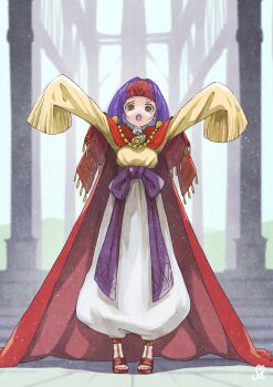 absurdres arms_up bow cape commission commissioner_upload headband highres looking_down non-web_source open_mouth purple_hair sanaki_kirsch_altina satyuas skeb_commission sleeves_past_fingers sleeves_past_wrists tassel waist_bow yellow_eyes