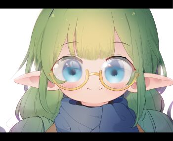 1girl baigao blue_eyes blush borrowed_character center-flap_bangs child closed_mouth commentary_request glasses green_hair highres letterboxed long_hair looking_at_viewer original pointy_ears smile solo upper_body yellow-framed_eyewear