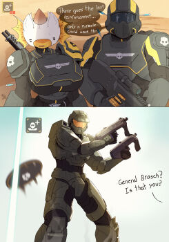 1girl 2boys absurdres armor artist_name arzyparzy assault_visor black_visor blue_sky breasts bulletproof_vest cape commentary cracked_visor crossover dual_wielding english_commentary english_text furry furry_female gun halo halo_(series) helldiver_(helldivers) helldivers_(series) helmet highres holding hunter_(helldivers) large_breasts m7 machine_gun master_chief multiple_boys orange_visor pauldrons power_armor shoulder_armor skull sky speech_bubble submachine_gun syringe weapon