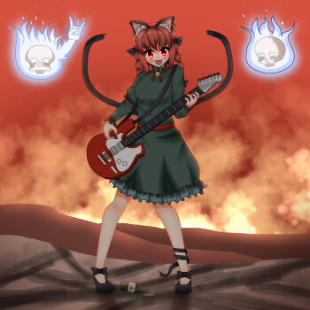 Rule 34 | 1girl, :3, :d, animal ear piercing, animal ears, black dress, black ribbon, black shoes, blush, bottle, braid, cat ears, cat girl, cat tail, commentary request, dress, electric guitar, fang, full body, guitar, highres, hitodama, holding, holding guitar, holding instrument, instrument, jnae3242, kaenbyou rin, leg ribbon, long hair, looking at viewer, multiple tails, open mouth, red eyes, ribbon, shoes, side braids, skull, smile, standing, tail, touhou, twin braids, two tails