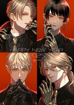 Rule 34 | 2025, 4boys, absurdres, ahoge, america (hetalia), artist name, axis powers hetalia, black background, black gloves, black hair, black jacket, black necktie, black suit, blonde hair, blue eyes, closed mouth, collared shirt, commentary, earrings, english commentary, english text, facial hair, formal clothes, france (hetalia), fur-trimmed jacket, fur trim, gloves, green eyes, grey shirt, grey vest, hair between eyes, hand up, hands up, happy new year, highres, holding, holding removed eyewear, jacket, japan (hetalia), jewelry, lapels, leather, leather gloves, lips, long hair, long sleeves, looking at viewer, low ponytail, male focus, multiple boys, necktie, new year, npyon, open clothes, open jacket, open mouth, orange eyes, own hands together, ponytail, purple eyes, red background, ring, shirt, short hair, simple background, single earring, smile, snake earrings, suit, suit jacket, teeth, united kingdom (hetalia), unworn eyewear, upper body, vest, yellow gloves, yellow necktie
