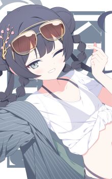 absurdres black_hair blue_archive breasts double_bun hair_bun halo highres jacket kisaki_(blue_archive) looking_at_viewer navel open_clothes open_jacket shirt small_breasts surps twintails upper_body white_shirt